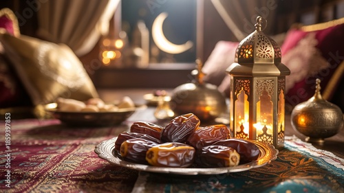 Traditional ramadan iftar table setting with lantern and dates on decorative plate