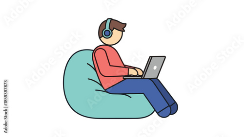 Man sitting comfortably on a bean bag chair using a laptop and wearing headphones in a relaxed setting