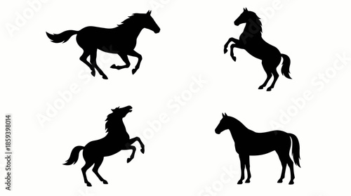 Horse Silhouette Vector Set with Running, Rearing, Bucking, and Standing Poses for Equine Movement, Artistic Reference, and Graphic Design Illustration Use