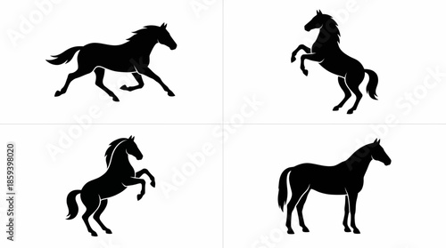 Horse Silhouette Vector Set with Running, Rearing, Bucking, and Standing Poses for Equine Movement, Artistic Reference, and Graphic Design Illustration Use