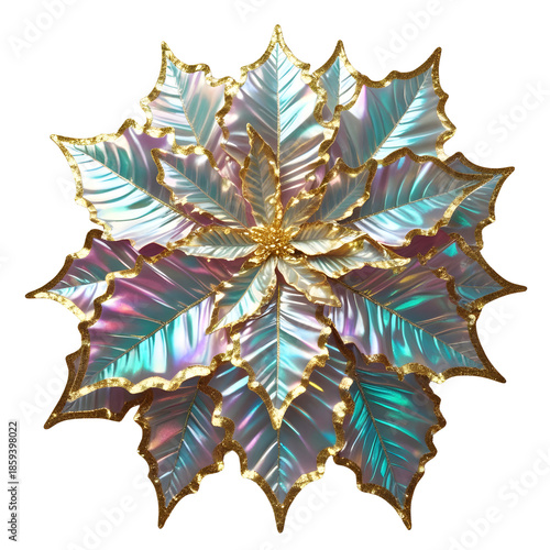 A luxurious iridescent poinsettia flower with gold glitter accents, festive Christmas decoration style, isolated on white background, Generative AI