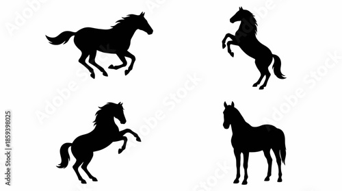 Horse Silhouette Vector Set with Running, Rearing, Bucking, and Standing Poses for Equine Movement, Artistic Reference, and Graphic Design Illustration Use
