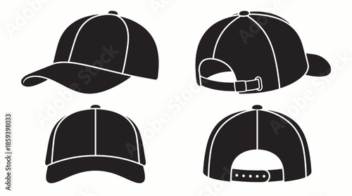 Baseball Cap Vector Silhouette Set Showing Front, Back, Side, and Snapback Views for Fashion, Apparel Design, and Graphic Illustration Use