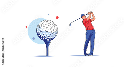 Stylized illustration of a male golfer in a red shirt swinging a club next to a giant golf ball on a blue tee on white background.