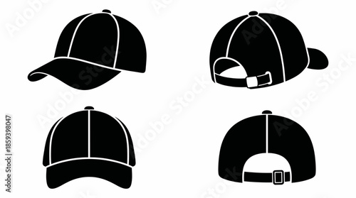 Baseball Cap Vector Silhouette Set Showing Front, Back, Side, and Snapback Views for Fashion, Apparel Design, and Graphic Illustration Use