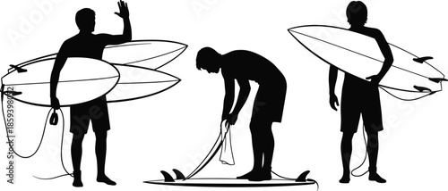 Silhouette set of male surfers carrying surfboards and preparing for surfing activity isolated on white background for summer beach sports,