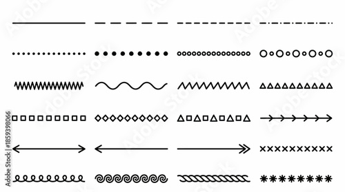 Decorative Line Vector Set Featuring Borders, Dividers, and Embellishments with Arrows, Stars, Leaves, and Shapes for Graphic Design and Layout Use