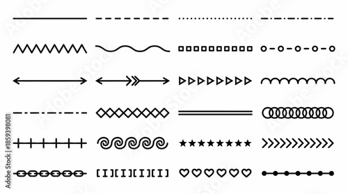 Decorative Line Vector Set Featuring Borders, Dividers, and Embellishments with Arrows, Stars, Leaves, and Shapes for Graphic Design and Layout Use