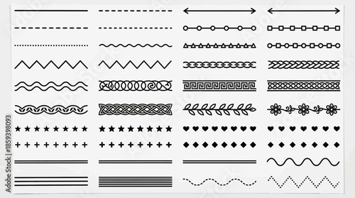 Decorative Line Vector Set Featuring Borders, Dividers, and Embellishments with Arrows, Stars, Leaves, and Shapes for Graphic Design and Layout Use