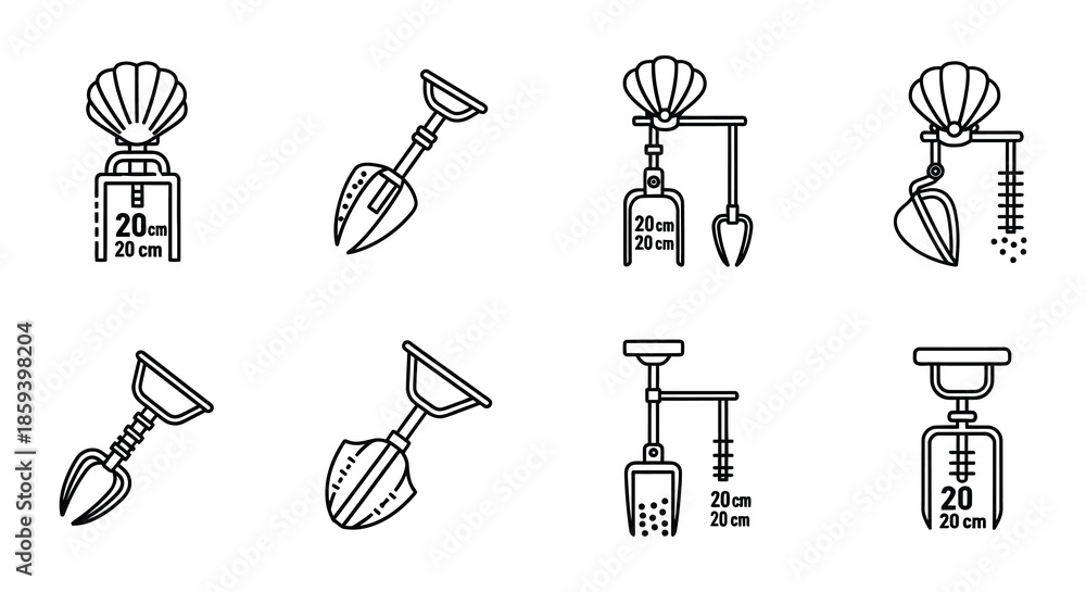 Obraz premium Illustrations of various mechanical arms and grippers with dimension markings