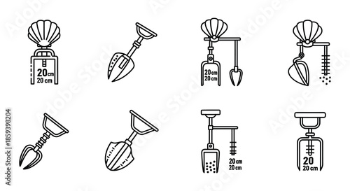 Illustrations of various mechanical arms and grippers with dimension markings