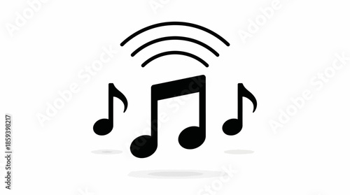 Music Streaming Vector Icon with Wireless Signal and Three Notes for Audio Playback, Digital Distribution, and Minimalist Graphic Design Use