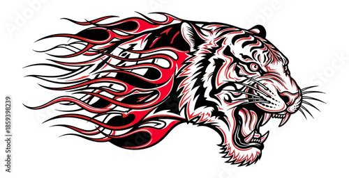 Tiger head illustration roaring flames design vector graphic