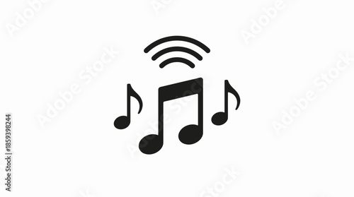 Music Streaming Vector Icon with Wireless Signal and Three Notes for Audio Playback, Digital Distribution, and Minimalist Graphic Design Use