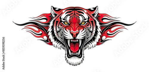 Tiger head roaring with flames design isolated on black background