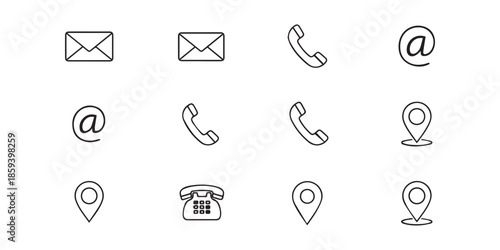 Set of email and web icons featuring vector symbols for internet business communication, including mail, phone, and contact buttons for modern website design