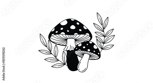 Minimalist black and white line art illustration featuring two spotted mushrooms surrounded by delicate leafy branches on white.