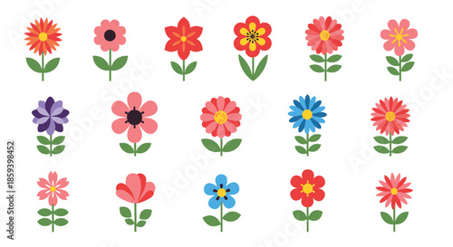 Large collection of eighteen simple and colorful flower icons with green stems and leaves, ideal for spring and summer designs.