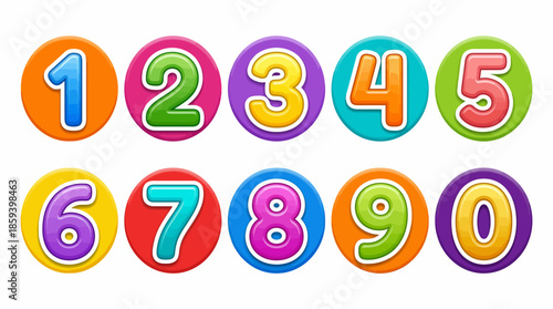 Colorful 3D Number Vector Icon Set from 1 to 0 in Circular Buttons for Kids’ Education, Learning Games, and Graphic Design Use