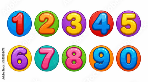 Colorful 3D Number Vector Icon Set from 1 to 0 in Circular Buttons for Kids’ Education, Learning Games, and Graphic Design Use