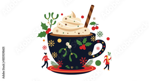 Large decorative mug of hot chocolate with whipped cream is decorated with snowflakes, mistletoe, and tiny people for Christmas.