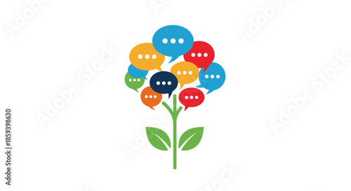 Vibrant tree illustration where the leaves are replaced by a variety of colorful speech bubbles, representing social communication.