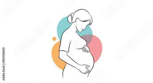 Minimalist line drawing of a pregnant woman standing against a backdrop of colorful pastel circles, celebrating motherhood.