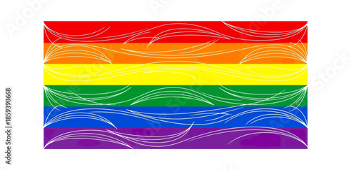 Rainbow flag with white decorative elements on black background