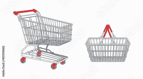 Shopping Cart and Basket Vector Illustration with Red Handles for Retail, Consumer Goods, and Marketplace Graphic Design and Commercial Use