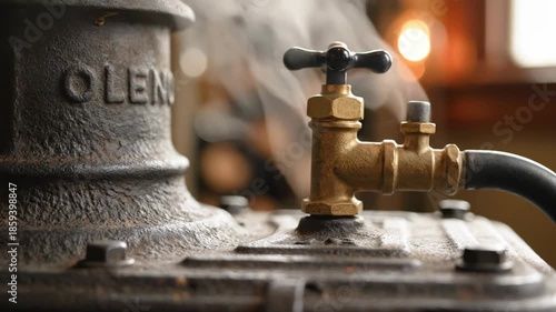 Close Up of antique cast iron radiator valve venting steam with brass details
