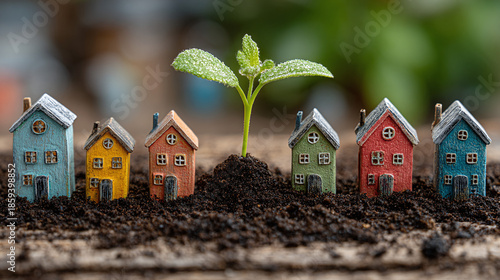housing market expansion concept with sustainable growth symbolized by plant emerging from soil and residential building models