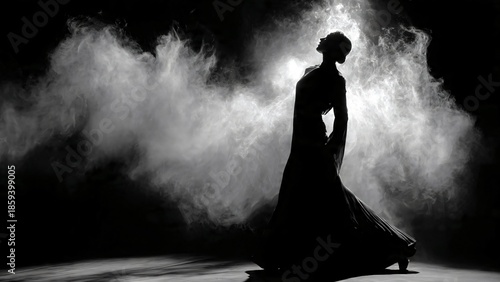 Silhouette of a flamenco dancer performing against swirling white smoke