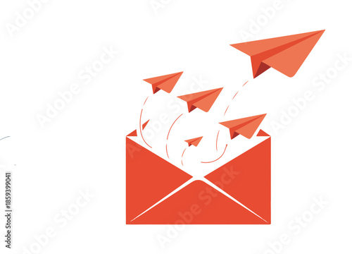 Orange paper airplanes flying out of an open envelope origami mail