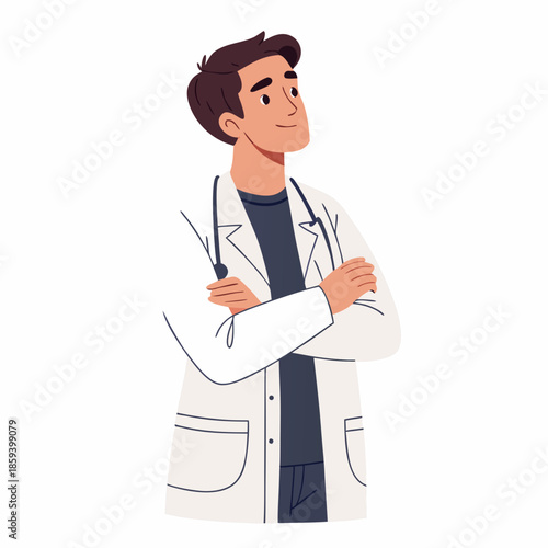 Smiling Doctor Looking Up, Medical Professional, Healthcare Illustration
