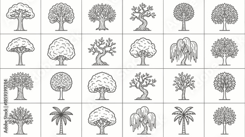 Stylized Tree Vector Set Featuring Unique Botanical Designs for Nature, Landscape, Garden, and Artistic Graphic Design Illustration Use