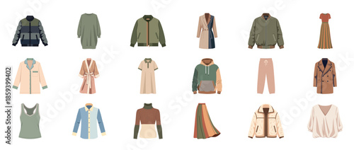 Collection of various clothing styles: jackets, dresses, sweaters, and more