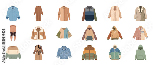 Collection of various jackets, coats, and shirts in diverse styles and colors
