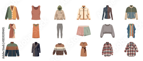 Collection of casual and formal outfits for various occasions displayed on white background