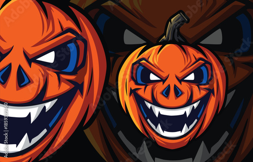 Sinister double pumpkin mascot illustration with glowing eyes and aggressive expressions ready for Halloween or spooky themes.