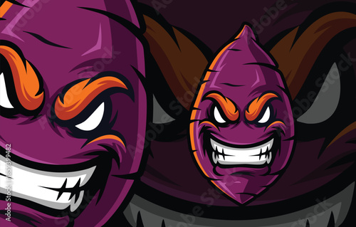 Menacing purple beetroot or sweet potato monster characters with intense expressions and sharp white teeth for a sinister mascot.
