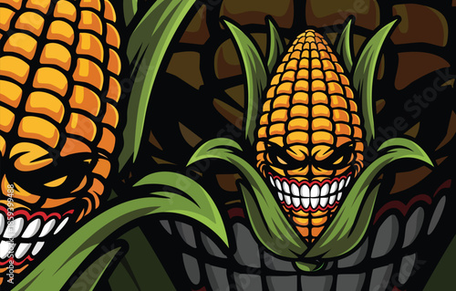 Ferocious double corn cob mascot characters with terrifying teeth and menacing expressions for intense agricultural or team logos.