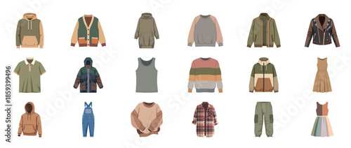 Trendy casual fashion collection of various apparel items on white background