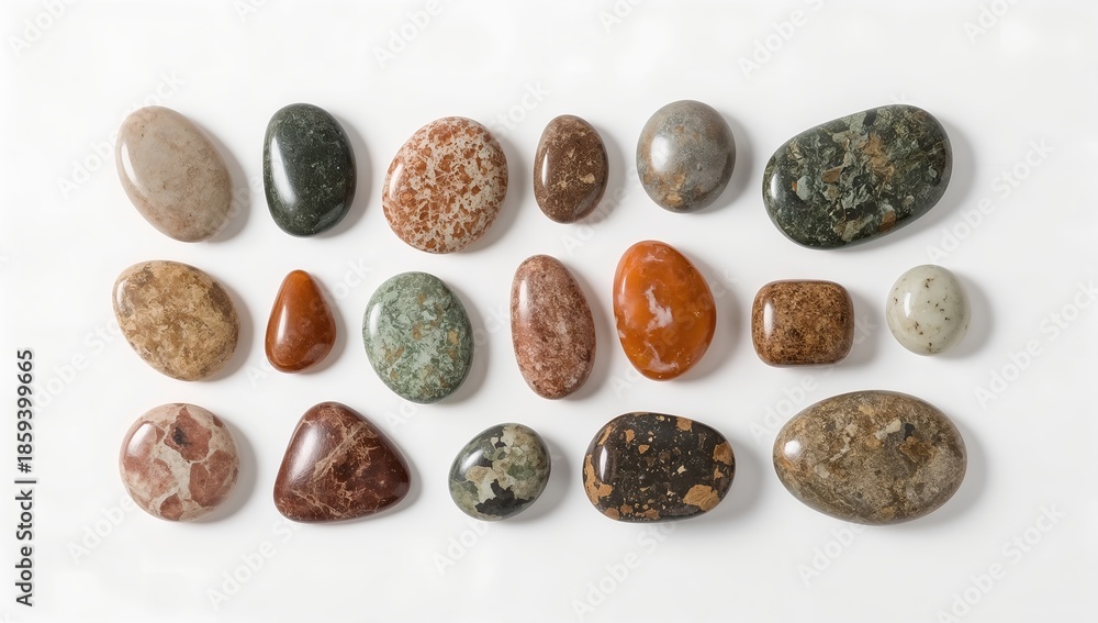 Obraz premium various pebbles displaying a range of shapes and textures, presented neatly