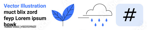 Blue leaf, cloud with raindrops, and metadata tag icon. Ideal for sustainability, environment, weather, social media, climate awareness, branding simple landing page