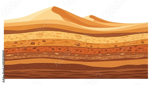 Illustration of geological deposits in a layered rock formation with earthy tones.