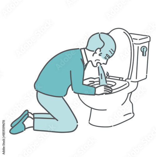 トイレで激しく嘔吐する高齢男性のイラスト