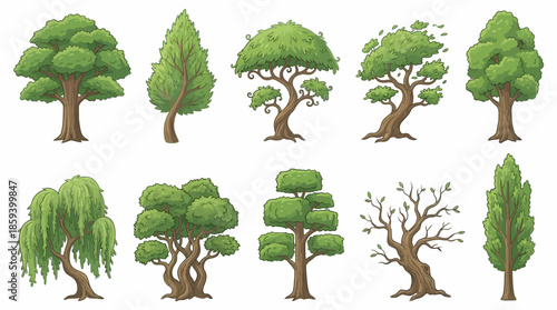 Deciduous Tree Variants Vector Set with Ten Unique Silhouettes for Botanical Education, Landscape Design, and Minimalist Nature-Themed Graphic Illustration Use