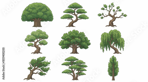 Deciduous Tree Variants Vector Set with Ten Unique Silhouettes for Botanical Education, Landscape Design, and Minimalist Nature-Themed Graphic Illustration Use