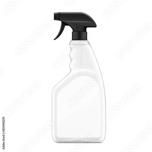 Clear trigger sprayer bottle mockup. Vector illustration isolated on white background. Perfect for easy customisation and editing your design for household, cleaning, gardening and etc. EPS10.