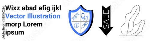 Health, business marketing, security, sales, science concepts, graphic design. Shield with health and science symbols, downward arrow labeled sale plant drawing. Health and business marketing theme